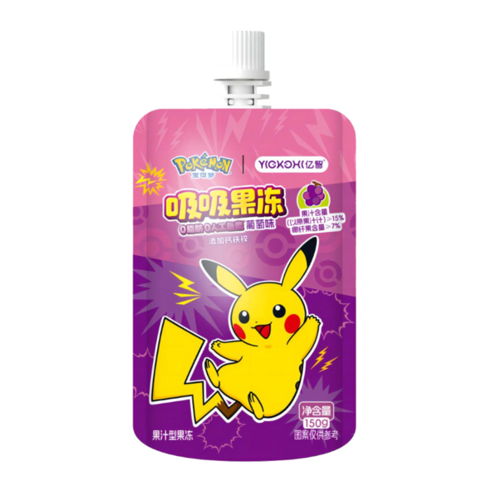 Front of Pokemon Jelly Squeeze Candy Grape pouch featuring Pikachu, vibrant purple background, and grape flavour label (150g)