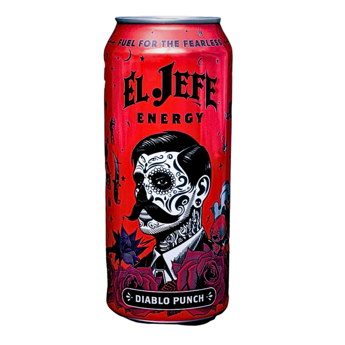 Front of El Jefe Energy Drink Diablo Punch can with a red background featuring a detailed illustration and logo (473ml)