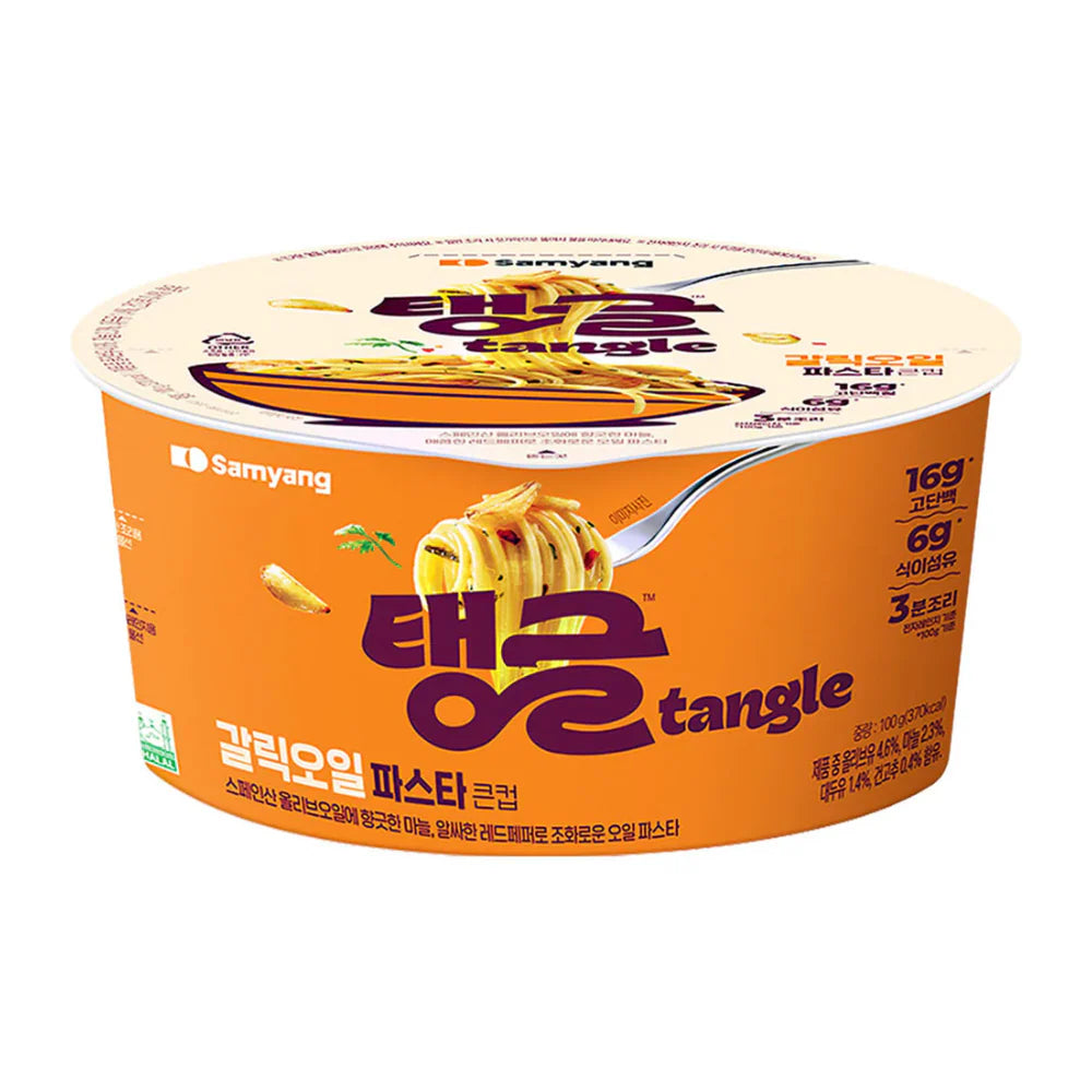 Front of Samyang Tangle Garlic Oil Pasta packaging showing vibrant orange design, garlic oil flavour title, and 100g pack size.