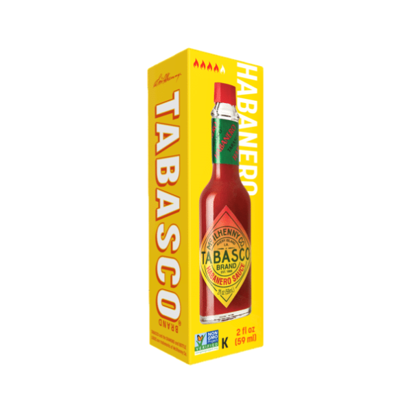 Front of Tabasco Habanero Sauce bottle showing vibrant yellow label, bold red and green logo, and 59ml size.