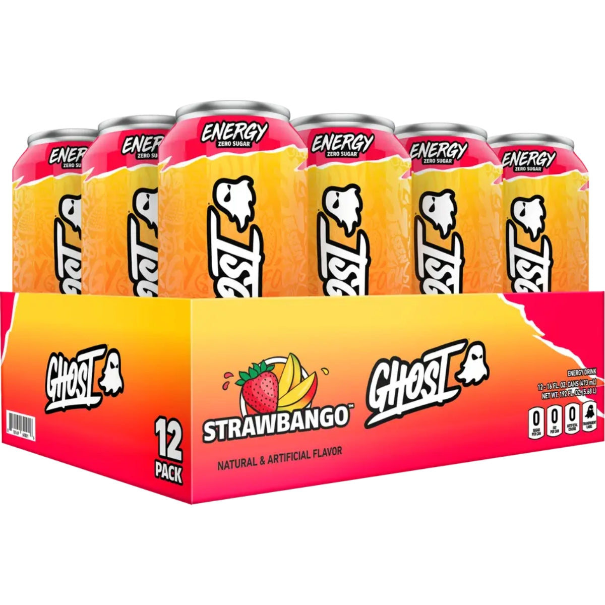 Front of Ghost Energy Strawbango 12-pack featuring strawberry and mango graphic with bright packaging and bold logo.