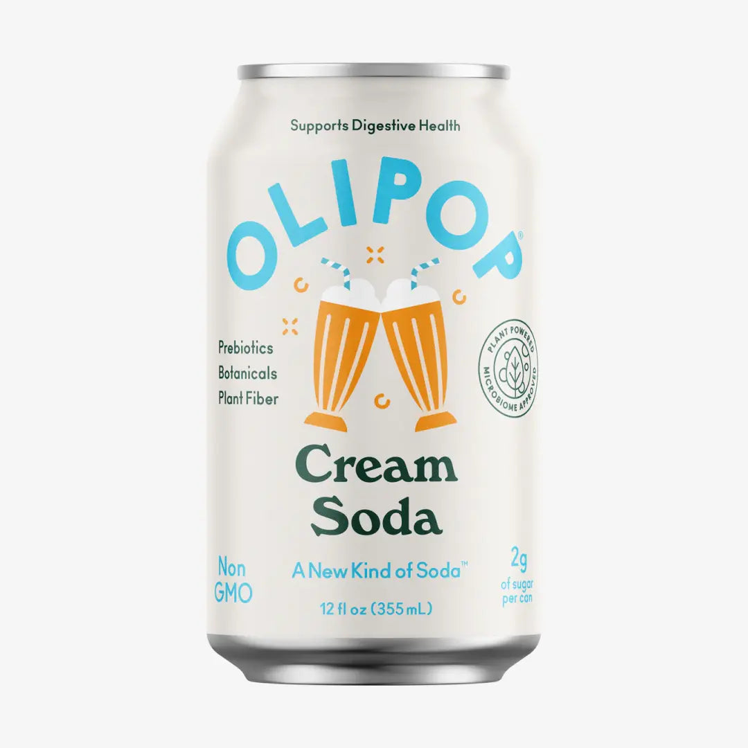 Front of a can of Olipop Cream Soda showing logo, two glasses of cream soda illustration, and 355ml size.