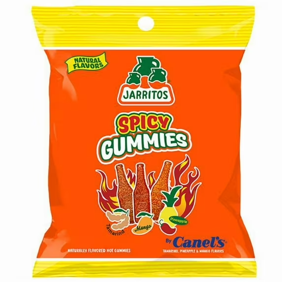 Front of Jarritos Spicy Gummies bag showing bold colourful logo, fiery gummies assortment, and natural flavours label (141g pack)