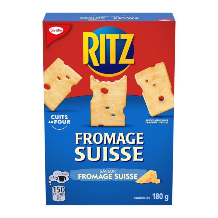 Front of Ritz Swiss Cheese box showing blue and yellow logo, Swiss flavour label, and crackers shaped like cheese (180g pack)