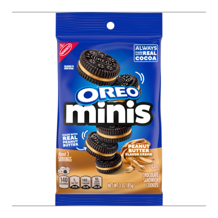 Front of Oreo Peanut Butter Mini's pack featuring the logo, peanut butter flavour label, and chocolate sandwich cookies (85g pack)