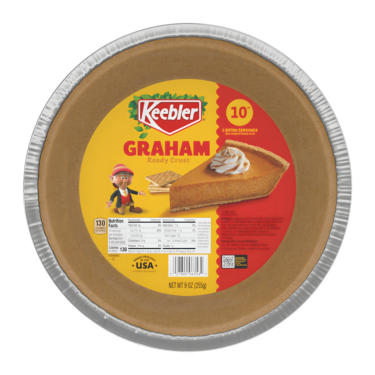Front of Keebler Graham Cracker 10 Inch Ready Pie Crust showing logo, crust design, and product information (255g pack)