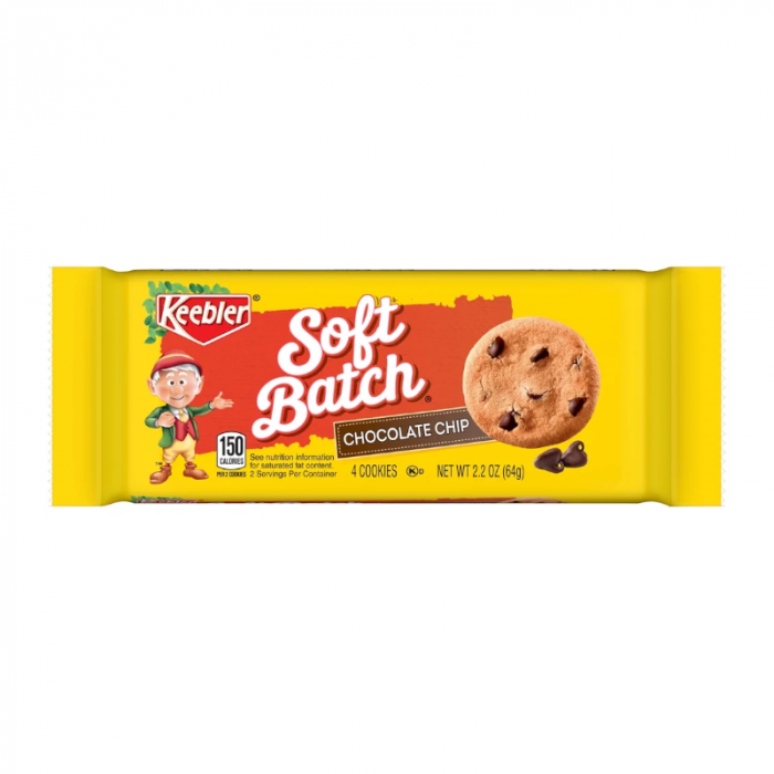Front of Keebler Soft Batch Chocolate Chip Cookies package showing logo, chocolate chip cookie image, and 64g pack size.