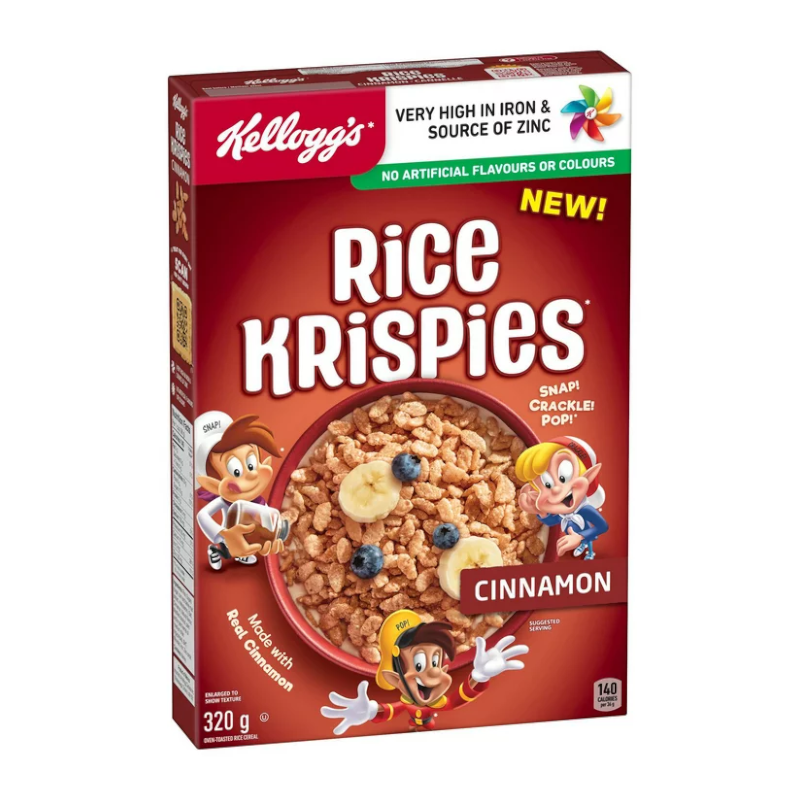 Front of Kellogg's Rice Krispies Cinnamon Cereal box showing the red logo, cinnamon flavour label, and a bowl of cereal with fruit (320g pack)