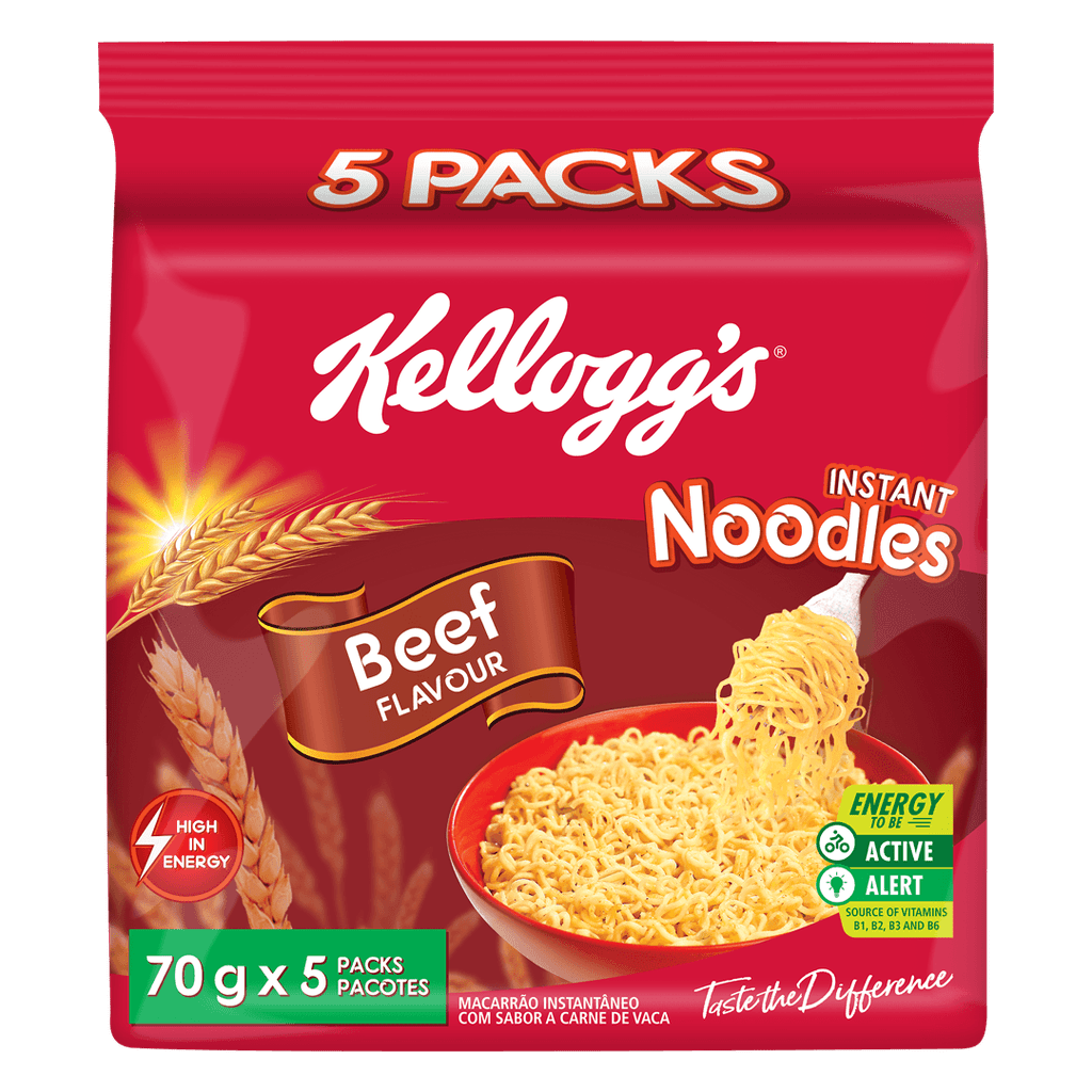 Front of a Kellogg's Beef Instant Noodles pack showing the logo, beef flavour label, and serving suggestion of noodles (70g x 5 pack)