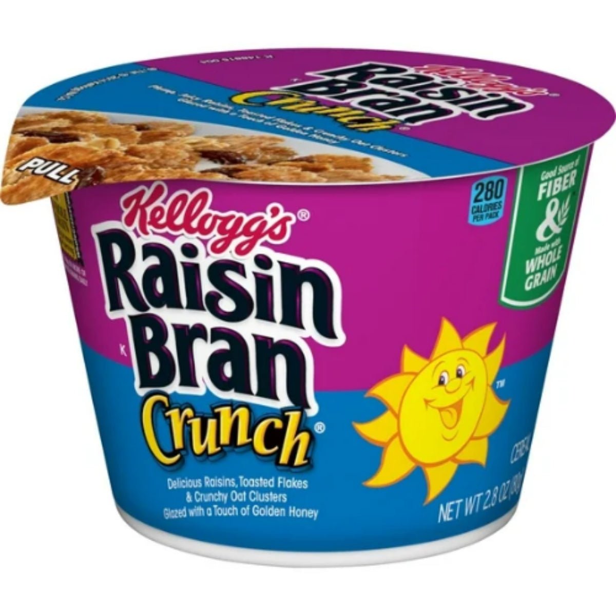 Front of Kellogg’s Cereal Cup Raisin Bran Crunch showing colourful branding with toasted flakes, raisins, and oat clusters (80g pack)