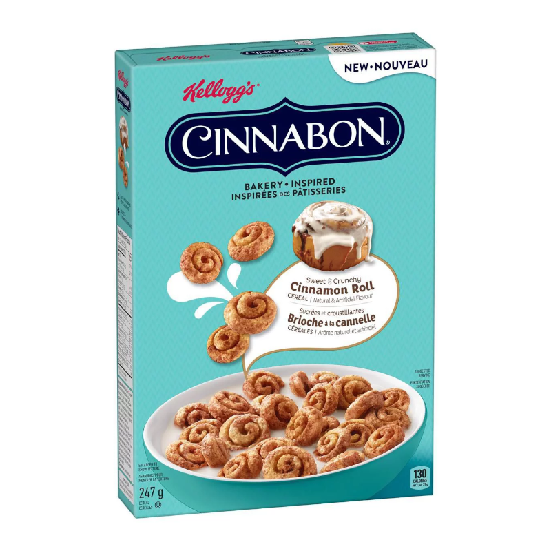 Front of Kellogg's Cinnabon Cinnamon Roll Cereal box featuring sweet cinnamon roll cereal and pack size of 247g