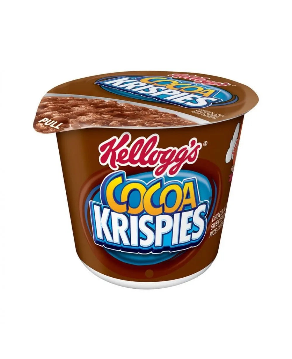 Front of Kellogg's Cocoa Crispies Cereal Cup showing the chocolatey logo and cereal design (65g cup)