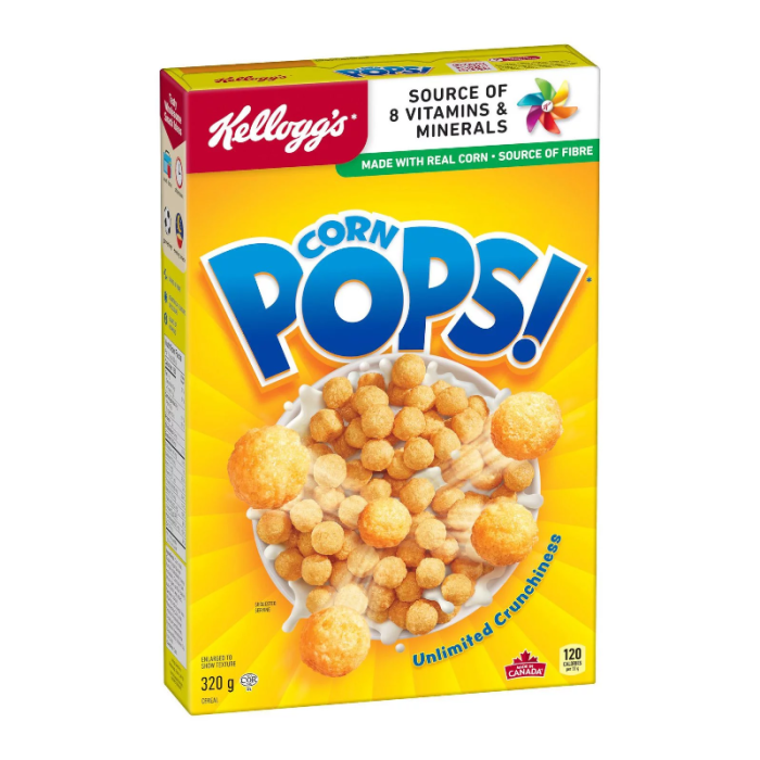 Front of Kellogg's Corn Pops Cereal box featuring the logo, yellow background, cereal image, and 320g pack size