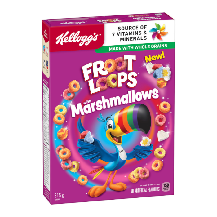 Front of Kellogg's Froot Loops Cereal with Marshmallows box showing colourful loops and marshmallows, vibrant design, and 315g pack size.