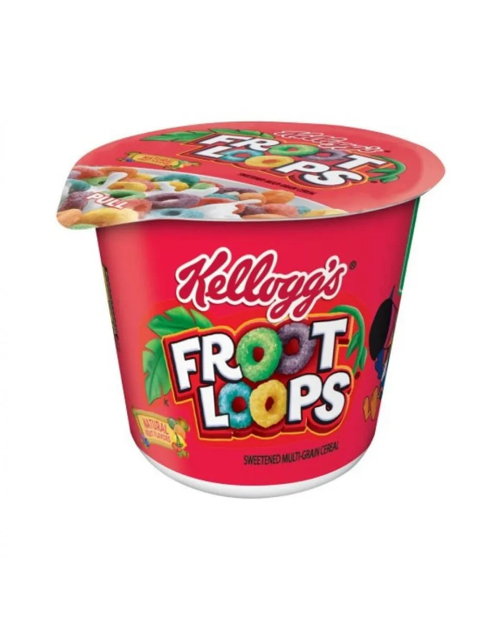 Front of Kellogg’s Fruit Loops Cereal Cup showing the vibrant logo, colourful cereal loops, and label details (42g cup)