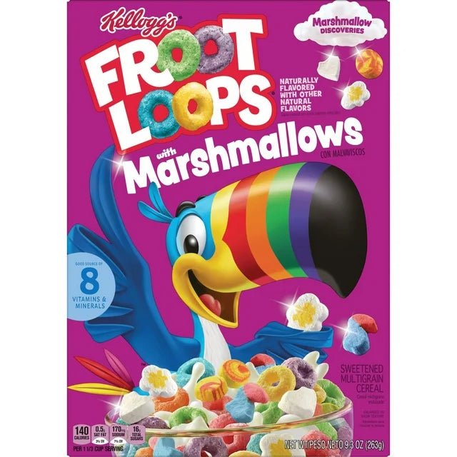 Front of Kellogg’s Froot Loops with Marshmallows box showing colourful loops, marshmallows, and a vibrant toucan character (263g pack)