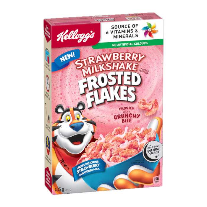 Front of Kellogg's Frosted Flakes Strawberry Milkshake box showing the logo, strawberry milkshake flavour label, and a colourful design (435g pack)