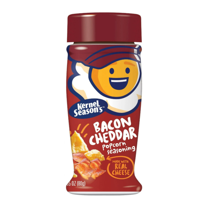 Front of Kernel Season's Bacon Cheddar Popcorn Seasoning bottle showing the logo, bacon and cheddar flavour graphic, and 80g size.