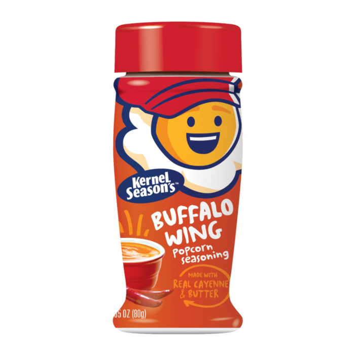 Front of Kernel Season's Buffalo Wing Popcorn Seasoning bottle showing brand, buffalo wing flavour, and 80g pack size.