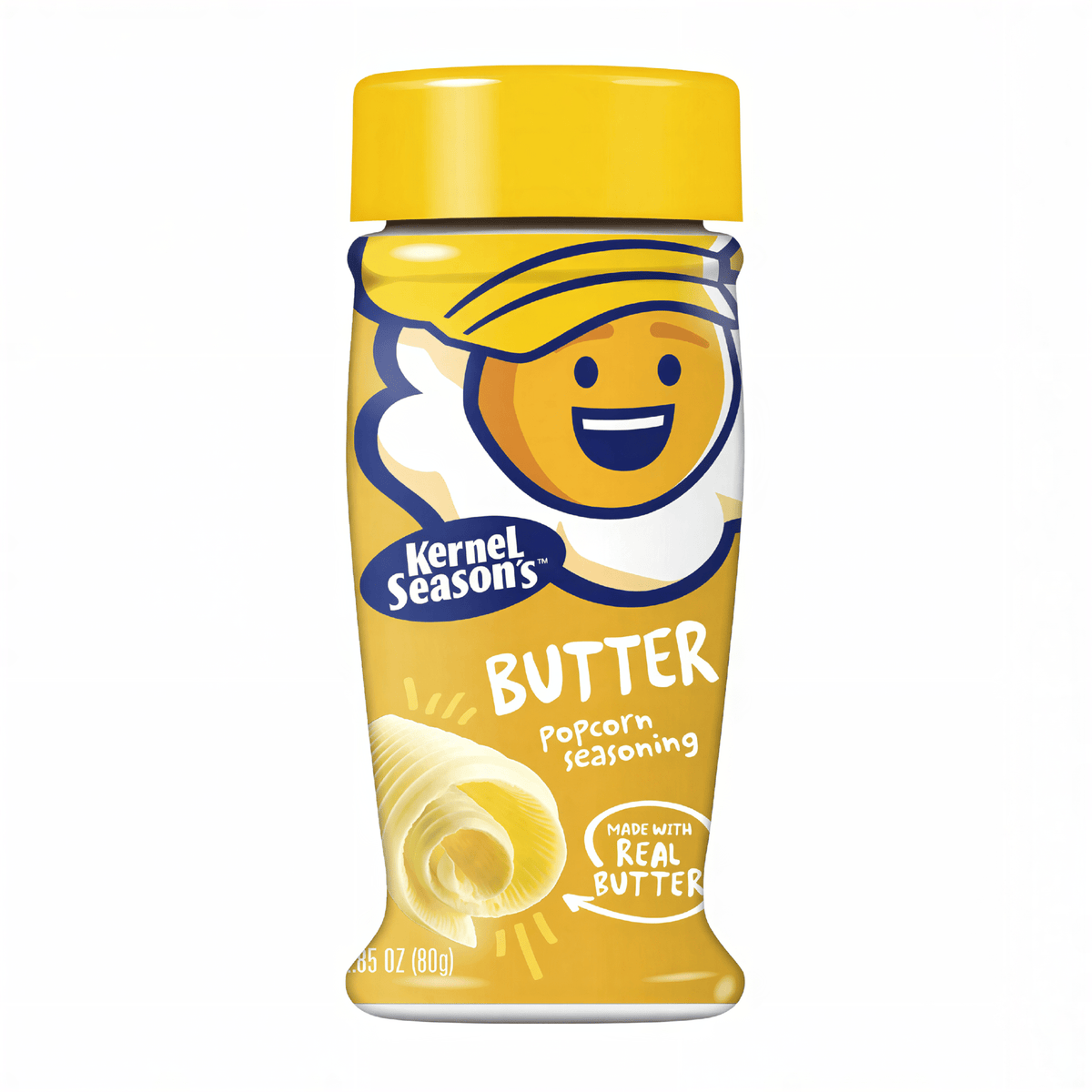 Front of Kernel Season's Butter Popcorn Seasoning jar showing the brand logo, butter flavour label, and 80g pack size.