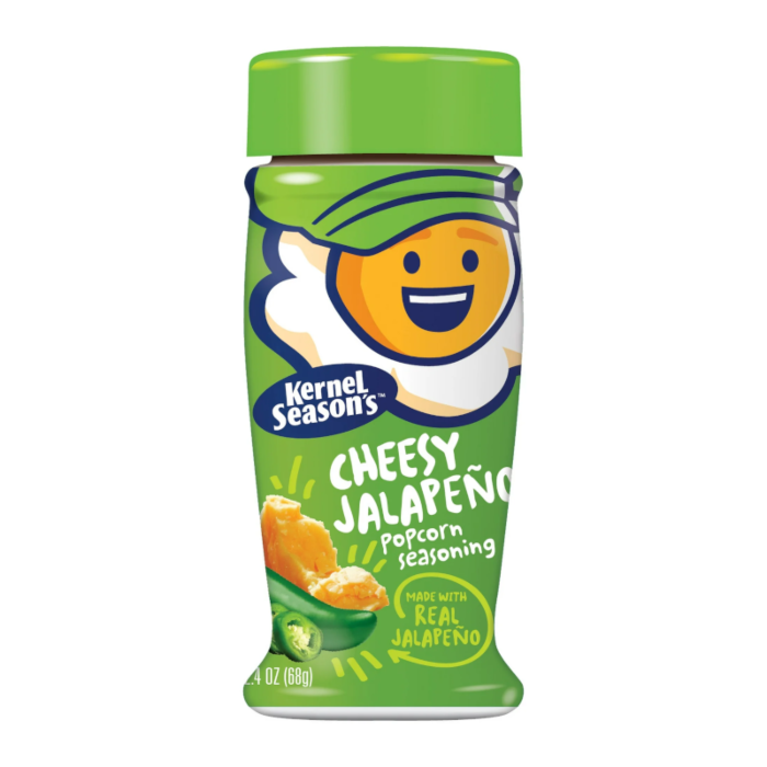 Front of Kernel Season's Cheesy Jalapeño Popcorn Seasoning container showing bright green and yellow design, with “Cheesy Jalapeño” label and 80g size indicated.