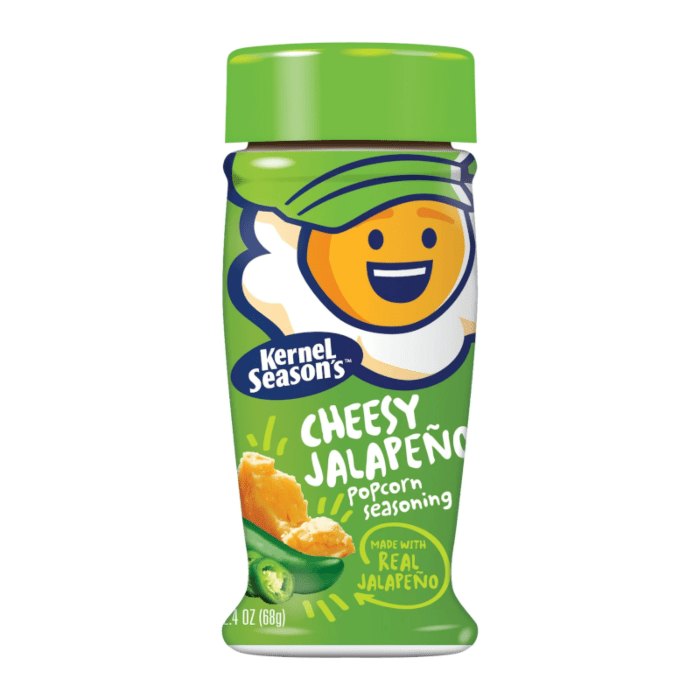 Front of Kernel Season's Cheesy Jalapeño Popcorn Seasoning container showing bright green and yellow design, with “Cheesy Jalapeño” label and 80g size indicated.