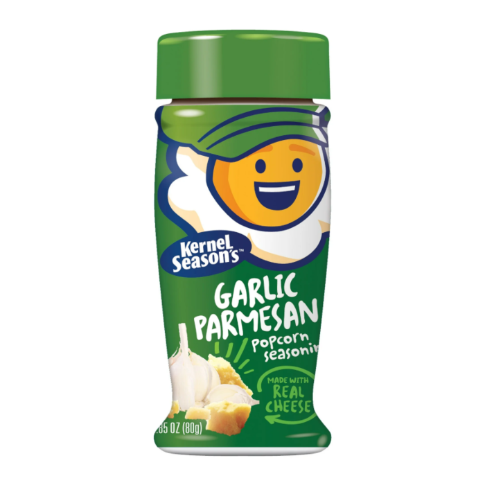 Front of Kernel Season's Garlic Parmesan Popcorn Seasoning shaker showing logo, garlic and parmesan imagery, and 80g pack size