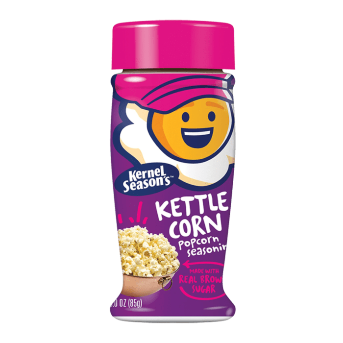 Front of Kernel Season's Kettle Corn Popcorn Seasoning bottle featuring a colourful design, happy character, and kettle corn image (80g)