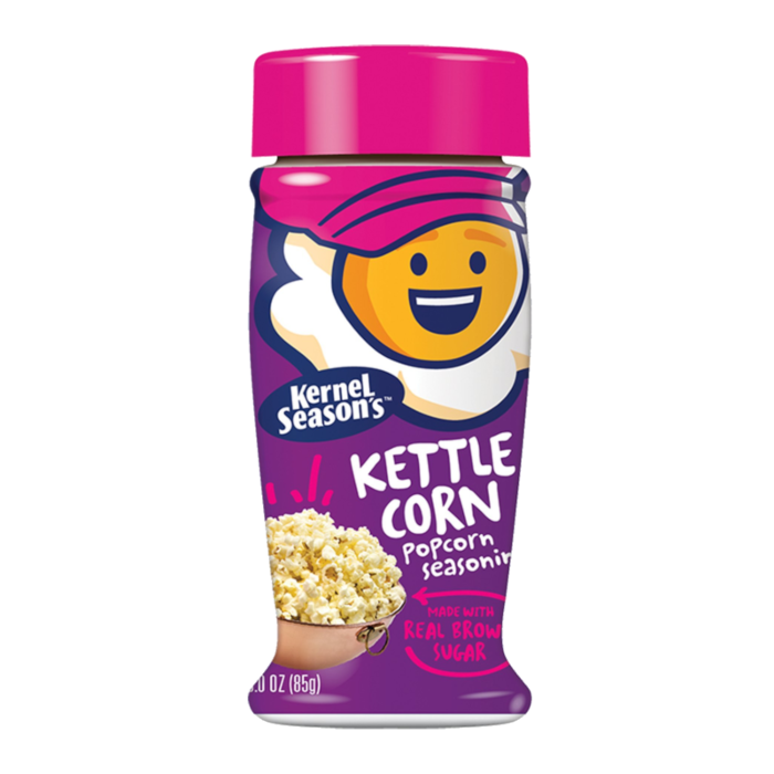Front of Kernel Season's Kettle Corn Popcorn Seasoning bottle featuring a colourful design, happy character, and kettle corn image (80g)