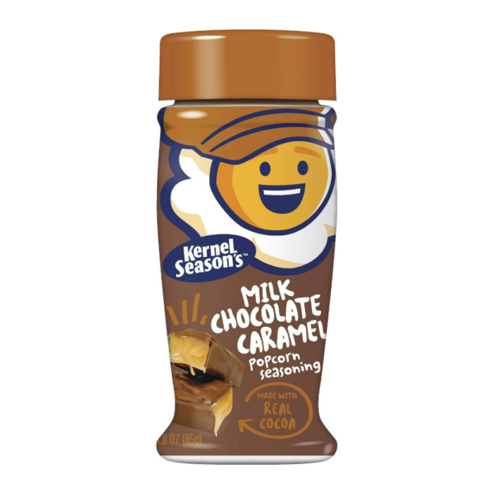 Front of Kernel Season's Milk Chocolate Caramel Popcorn Seasoning container showing a cartoon character, chocolate caramel flavour label, and 80g pack size