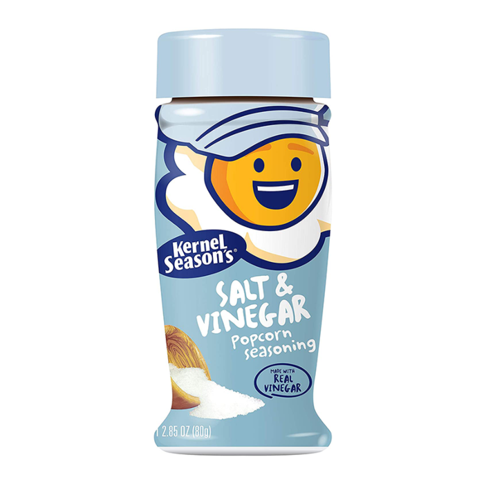 Front of Kernel Season's Roasted Salt & Vinegar Popcorn Seasoning bottle showing blue design with logo, salt and vinegar flavour, and 80g pack size