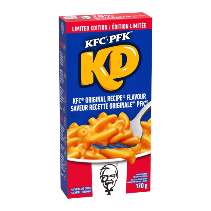 Front of Kraft Mac & Cheese KFC Limited Edition box showing bold blue logo, KFC Original Recipe flavour label, and image of cheesy pasta (170g pack)