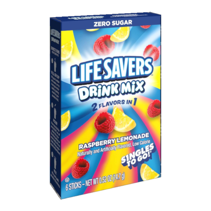 Front of Lifesavers Raspberry Lemonade Singles To Go box showing blue and yellow design, raspberry and lemon graphics, and 6 stick pack size (14.7 g)