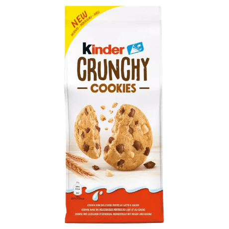Front of Kinder Crunchy Cookies bag featuring the logo and image of cookies with chocolate chips (136g pack)