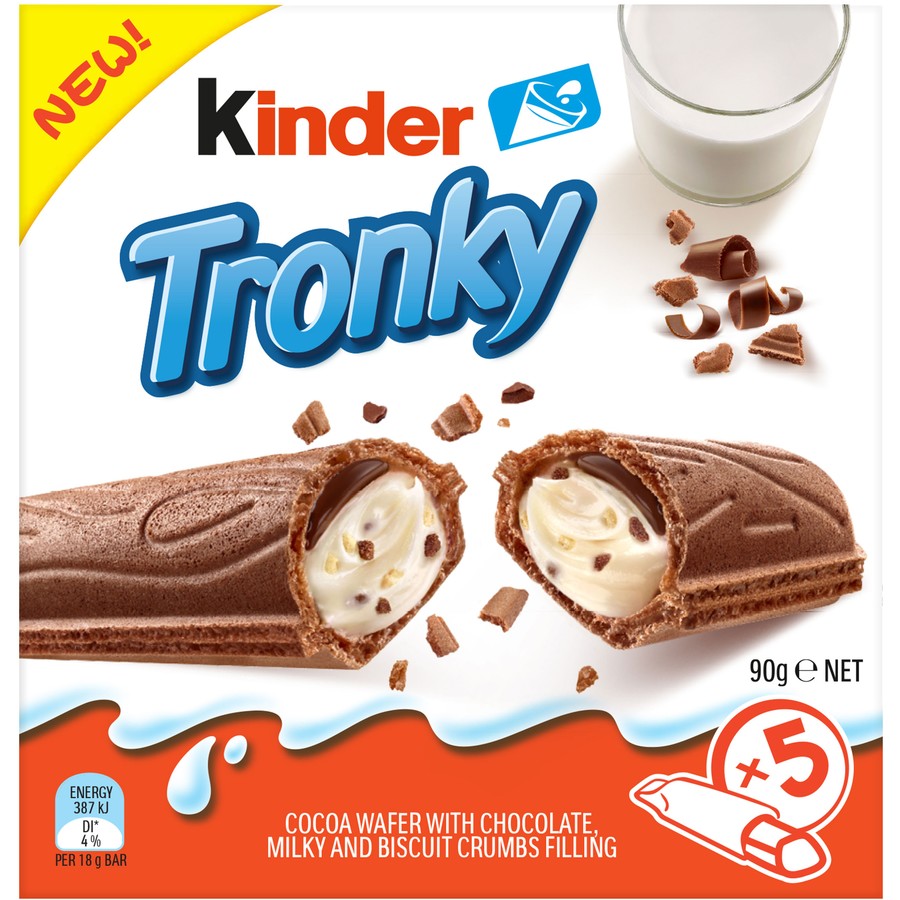 Front of Kinder Tronky packaging showing the blue logo, cocoa wafer with chocolate, milky, and biscuit crumbs filling imagery, and 5 pack size (90g)