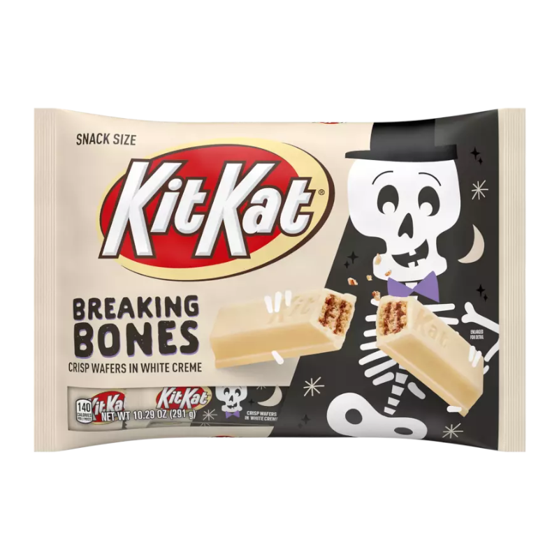 Front of Kit Kat Breaking Bones Share Bag showing branding, skeleton graphics, and white creme wafers (291g pack)