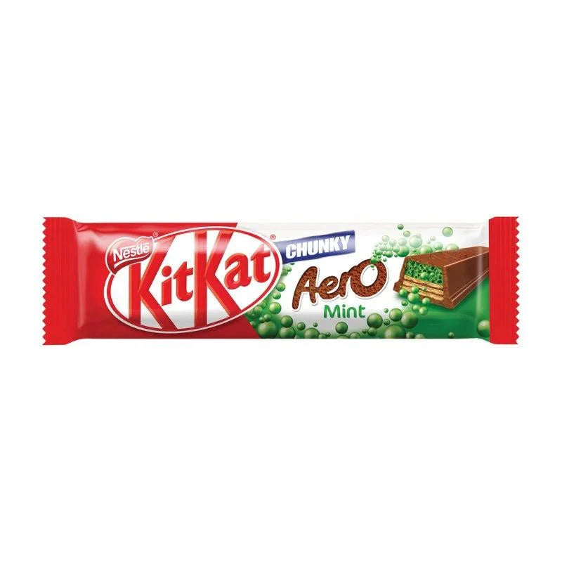 Front of Kit Kat Chunky Aero Mint bar showing logo, mint flavour label, and image of the chocolate wafer (45g pack)