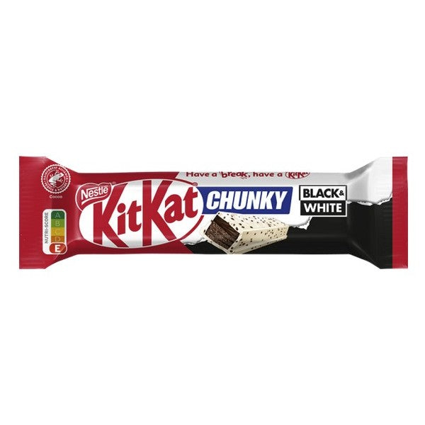 Front of Kit Kat Chunky Black & White wrapper showing red and black design, Kit Kat logo, and image of the chocolate bar (42g pack)