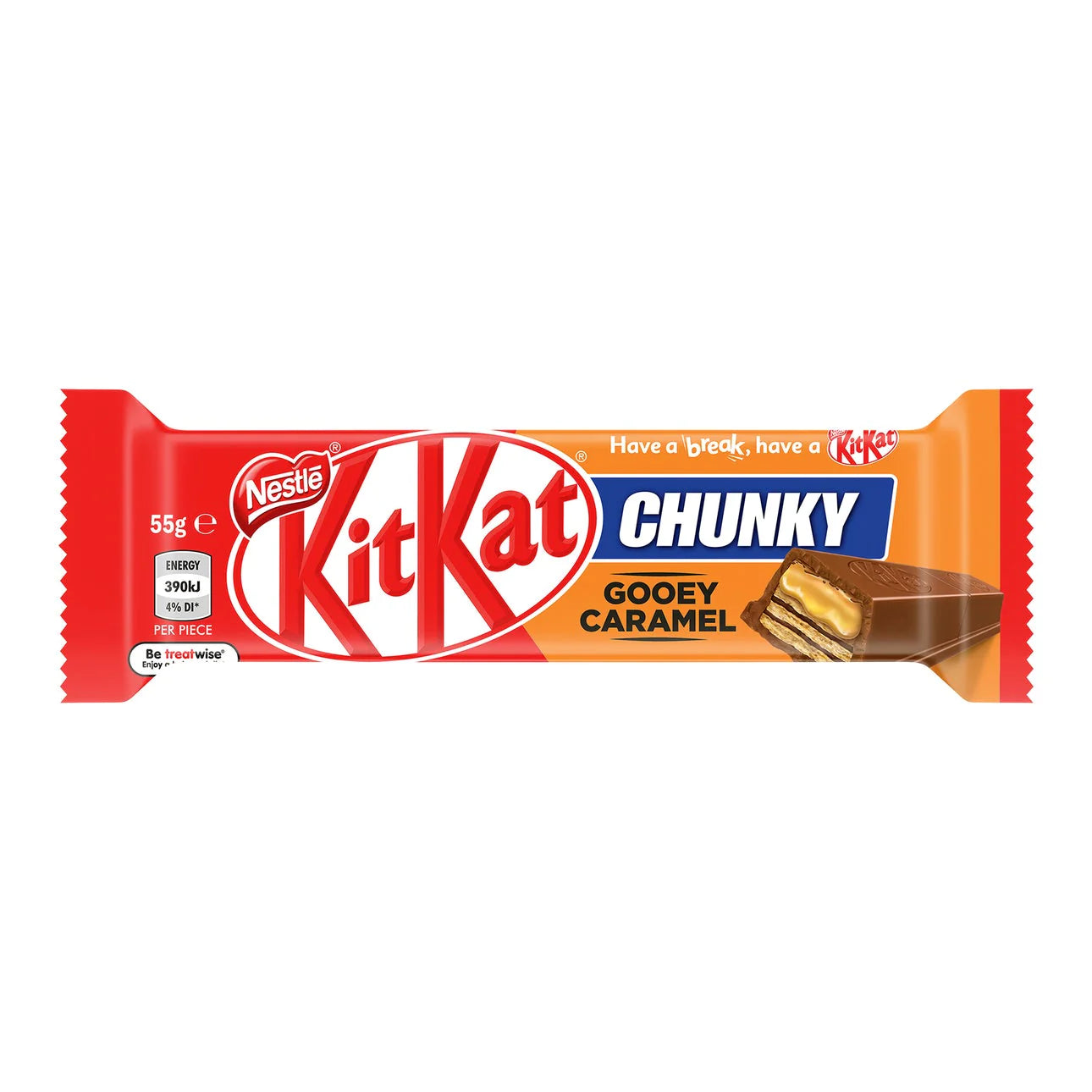 Front of Kit Kat Chunky Gooey Caramel bar showing the Kit Kat logo, appetising gooey caramel imagery, and chocolate coating (45g pack)