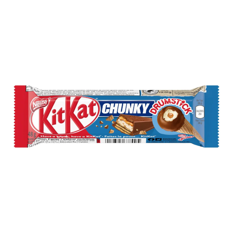Front of Kit Kat Chunky Drumstick packaging showcasing the Kit Kat logo, drumstick flavour details, and chocolate-coated wafer design (48g).