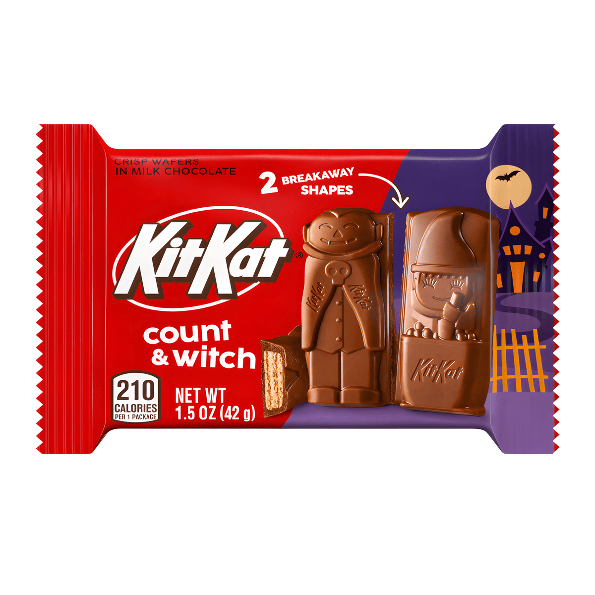 Front of a Kit Kat Count & Witch Milk Chocolate Wafer Bar showing logo, two breakaway shapes, and vibrant packaging (42g)