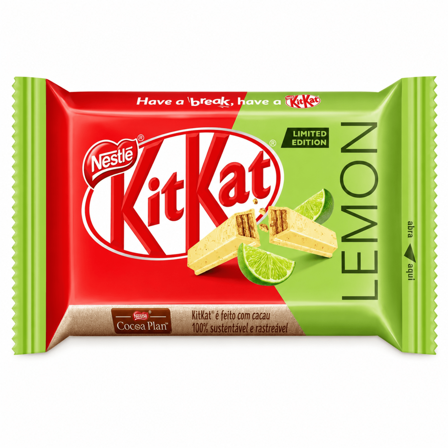A packaged KitKat Lemon waffle cookie, featuring a red and green wrapper with the KitKat logo, a 'Limited Edition' label, and illustrations of a waffle with lemon slices.