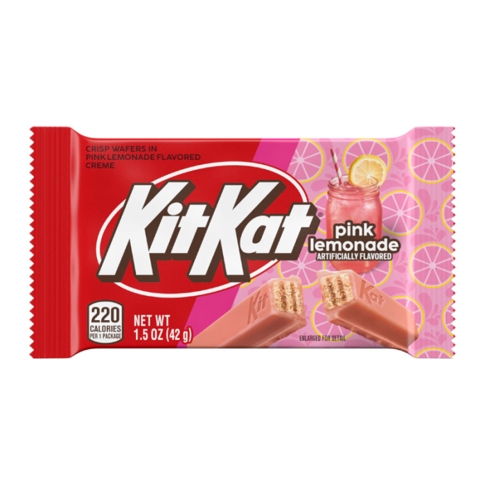 Front of Kit Kat Limited Edition Pink Lemonade packaging showcasing the logo, pink lemonade flavour, and 42g size.