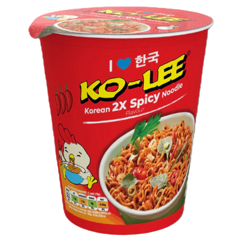 Front of Ko-Lee Noodles Cup Korean 2x Spicy showing bold red packaging, brand logo, and image of noodles with vegetables (65g cup)
