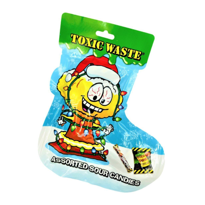 Front of Toxic Waste Christmas Stocking showing vibrant design with cartoon character and assorted sour candies (70g pack)