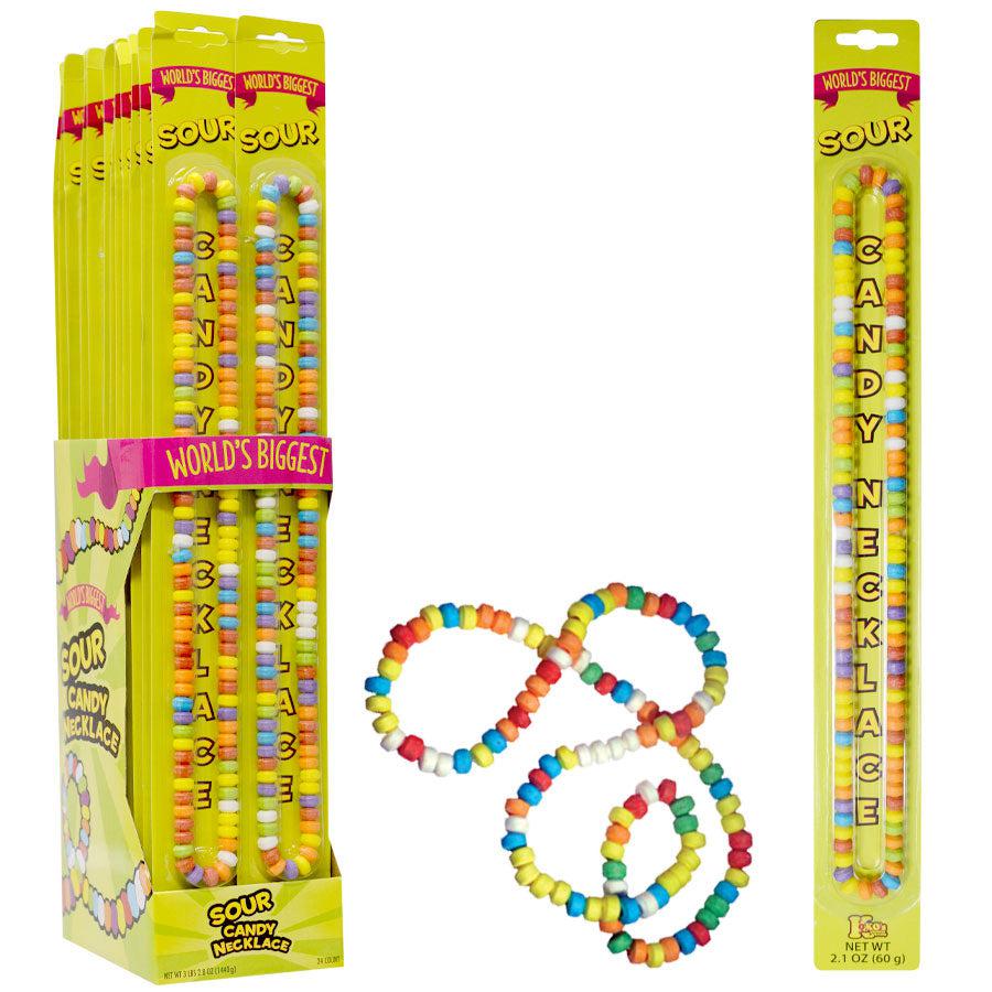Front of World's Largest Sour Candy Necklace package showing vibrant yellow background, large bold text, and colourful candy beads (60g pack)