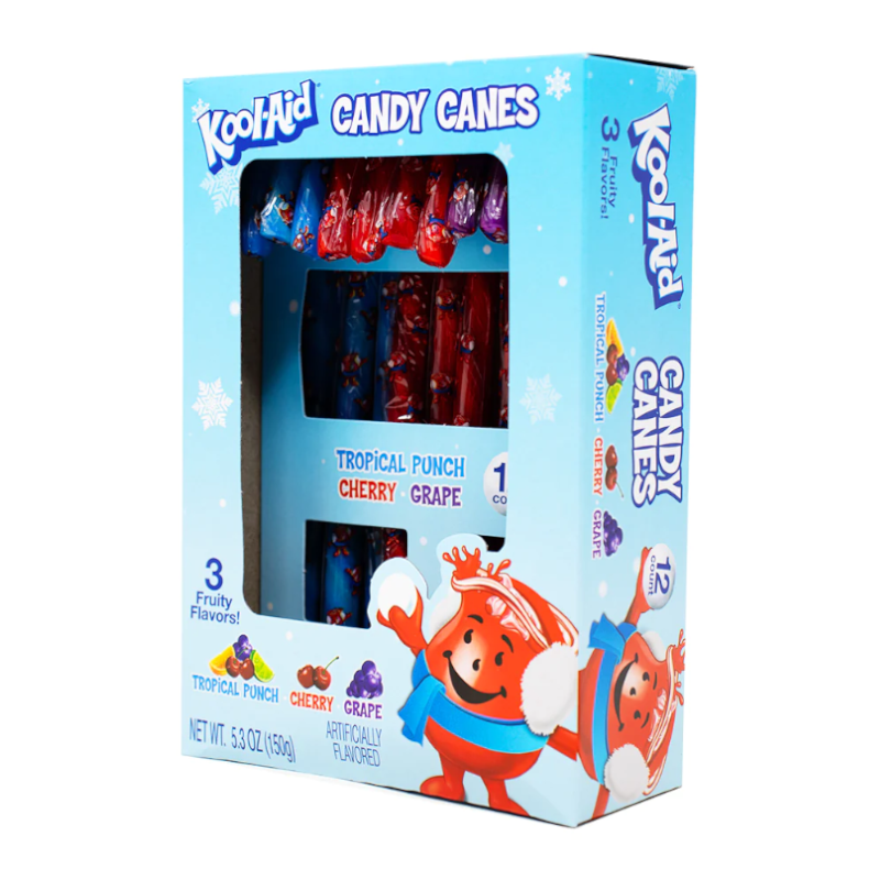 Front of Kool-Aid Candy Canes box showcasing tropical punch, cherry, and grape flavours, with a snowy background and character design (12 pack, 150g)