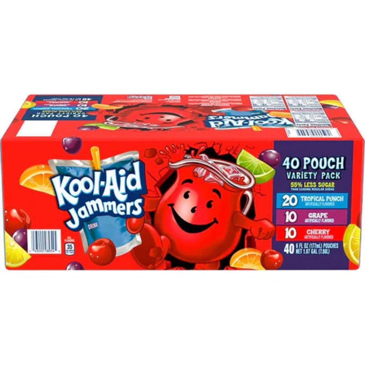 Front of Kool-Aid Jammers Variety Pack box featuring the logo, Tropical Punch, Grape, and Cherry flavours with 40 pouches (177ml each)