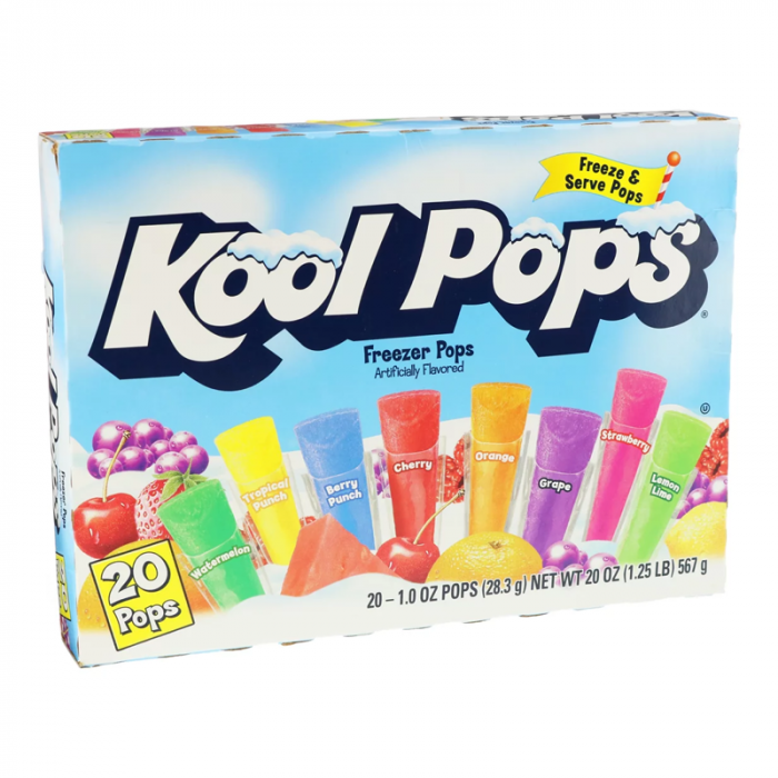 Front of Kool Pops Assorted Freezer Bars box showing the logo, assorted fruity pops, and packaging details (567g pack)