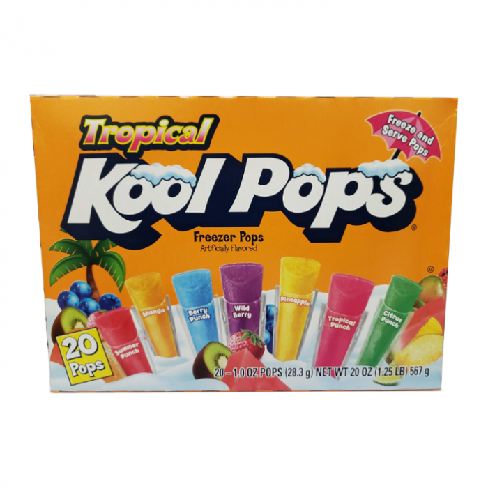 Front of Kool Pops Tropical Assorted Freezer Bars box showing the logo, various colourful freezer pops, and details of the 20 pack (567g).